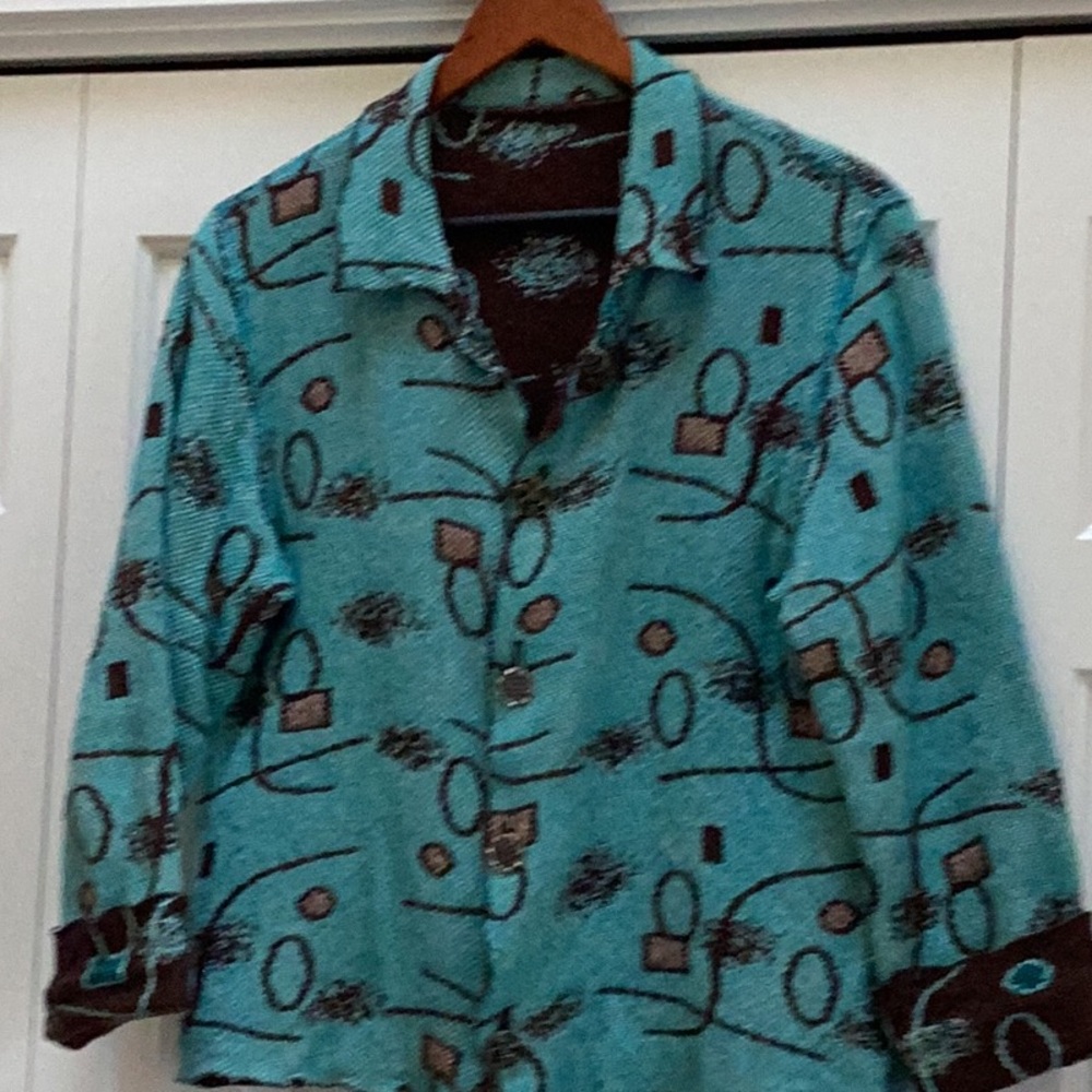 Woven cotton reversible jacket, turquoise and brown.